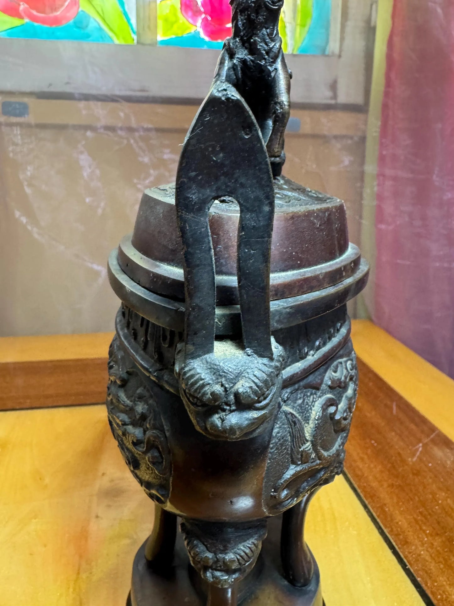 Vintage Chinese Bronze Incense Burner with Kirin Finial – Dragon Motif Censer