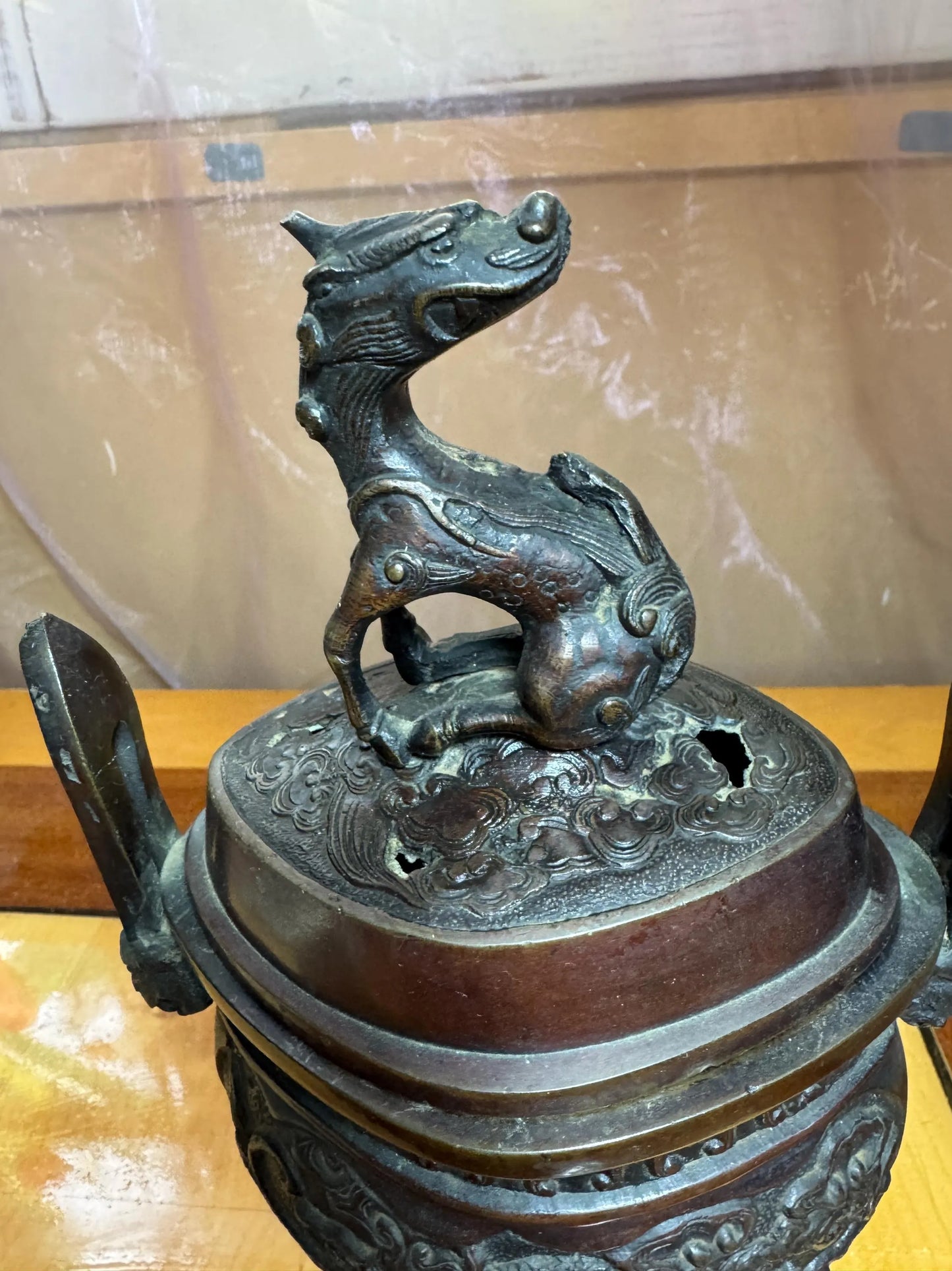 Vintage Chinese Bronze Incense Burner with Kirin Finial – Dragon Motif Censer