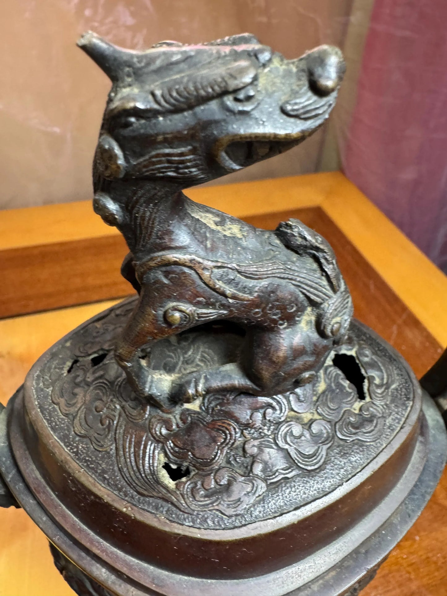 Vintage Chinese Bronze Incense Burner with Kirin Finial – Dragon Motif Censer