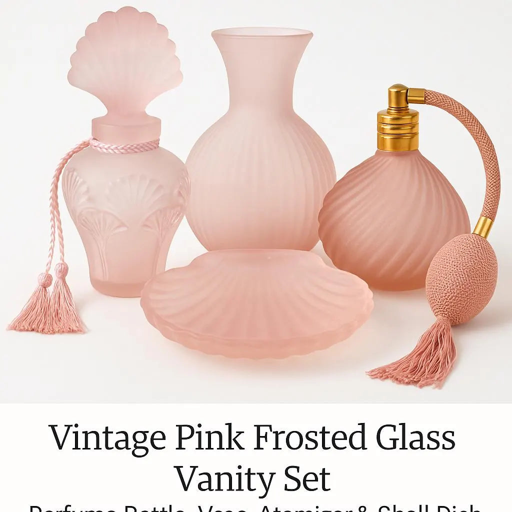 Vintage Pink Frosted Glass Vanity Set – Perfume Bottle, Atomizer, Vase & Shell Dish