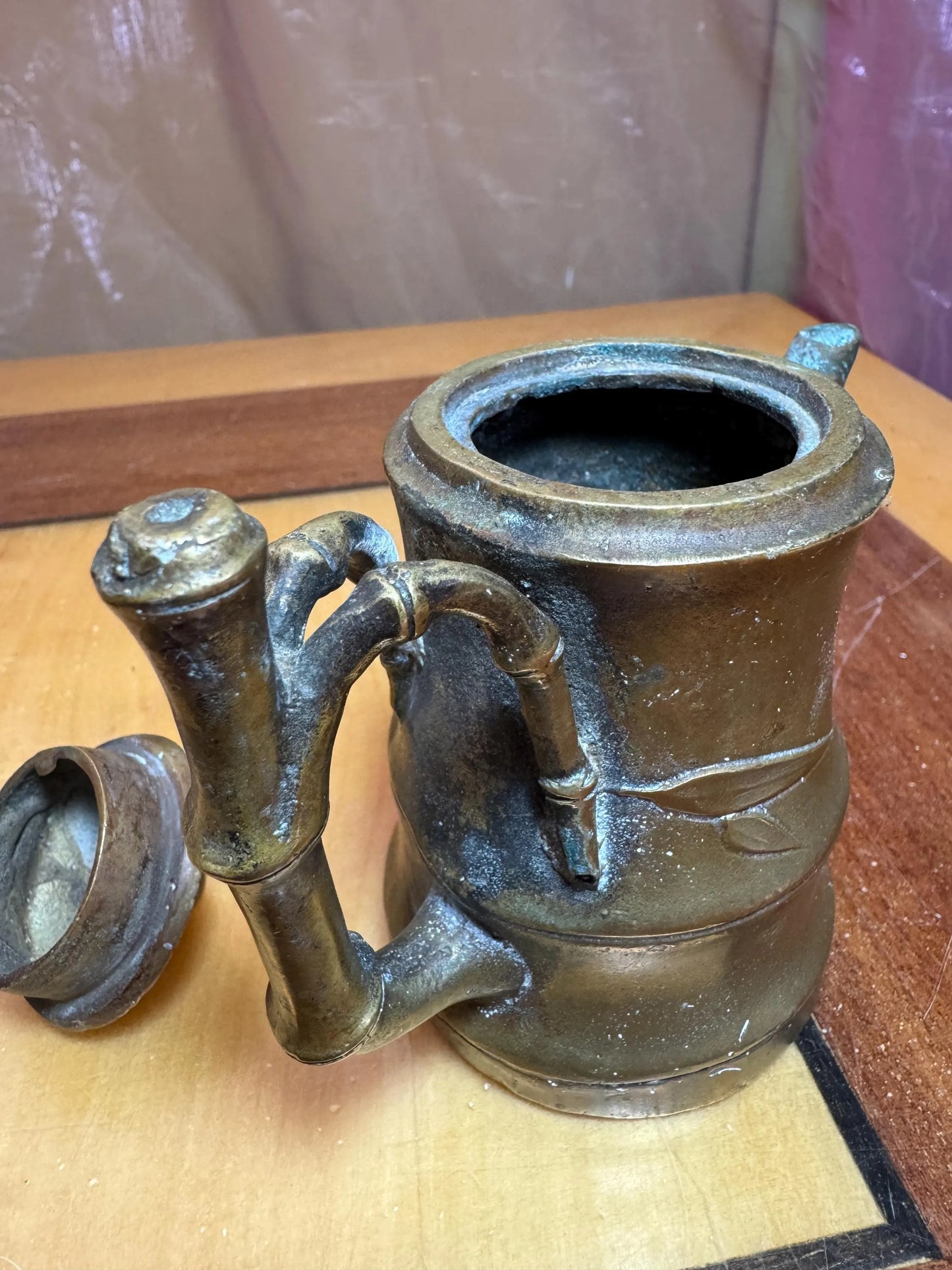 Antique Chinese Bronze Teapot – Bamboo Shape – Late Qing / Early Republic