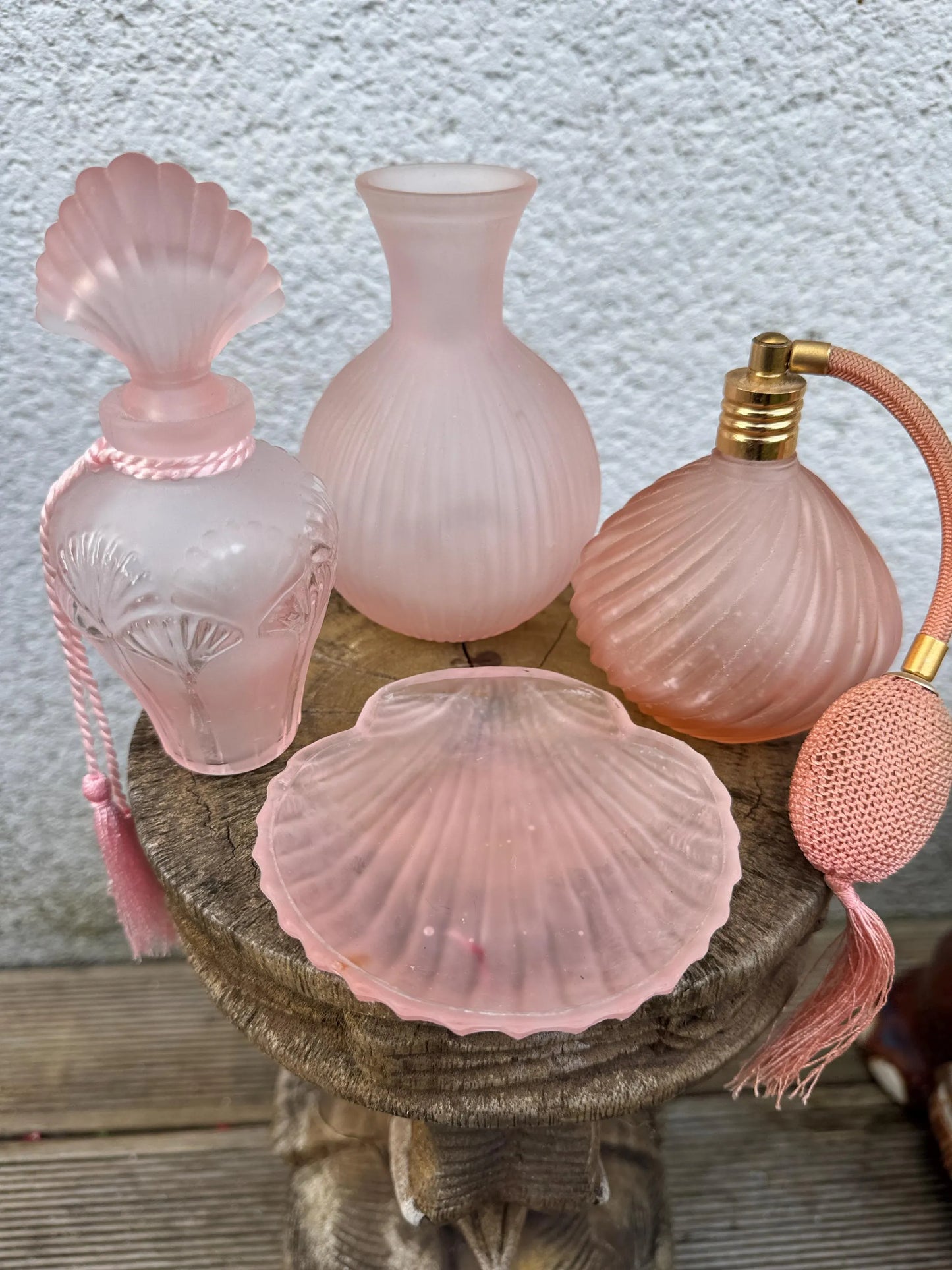 Vintage Pink Frosted Glass Vanity Set – Perfume Bottle, Atomizer, Vase & Shell Dish
