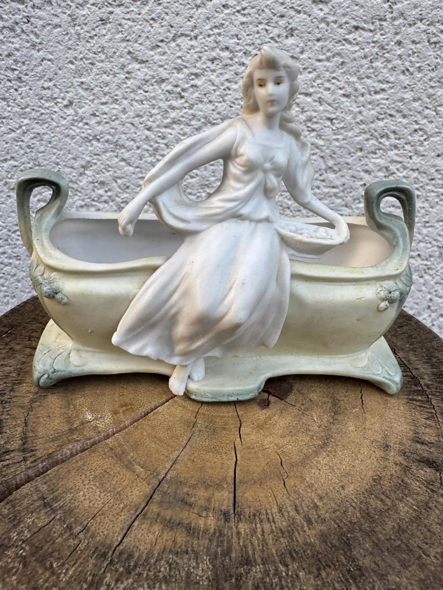 Antique German Art Nouveau Bisque Porcelain Planter with Lady Figurine – c. 1900