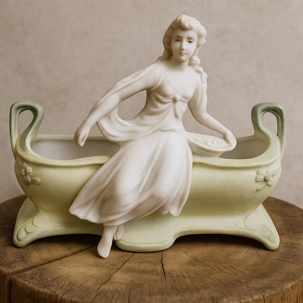 Antique German Art Nouveau Bisque Porcelain Planter with Lady Figurine – c. 1900