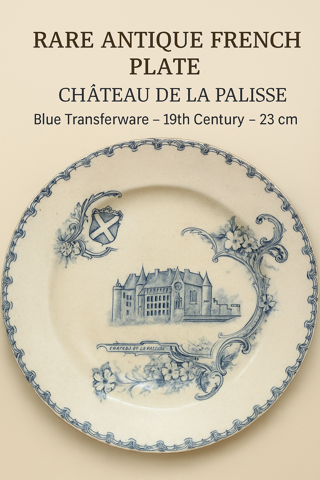 Rare Antique French Plate – Château de La Palisse – Blue Transferware – 19th Century
