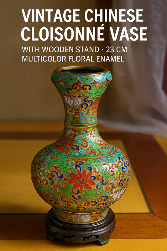 Vintage Chinese Cloisonné Vase with Wooden Stand – 23 cm – Multicolor Floral Enamel