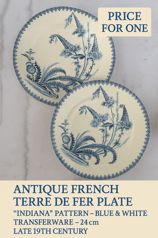 Antique French Terre de Fer Plate – “Indiana” Pattern – Blue & White Transferware – 24 cm – Late 19th Century