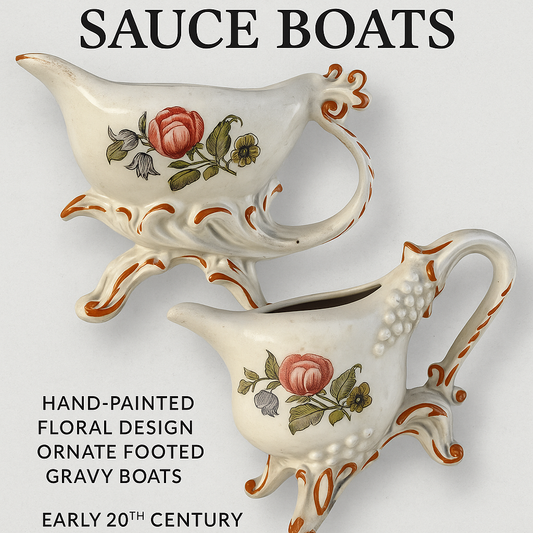 Pair of Vintage Rococo Faience Sauce Boats – Hand-Painted Floral Design – Early 20th Century