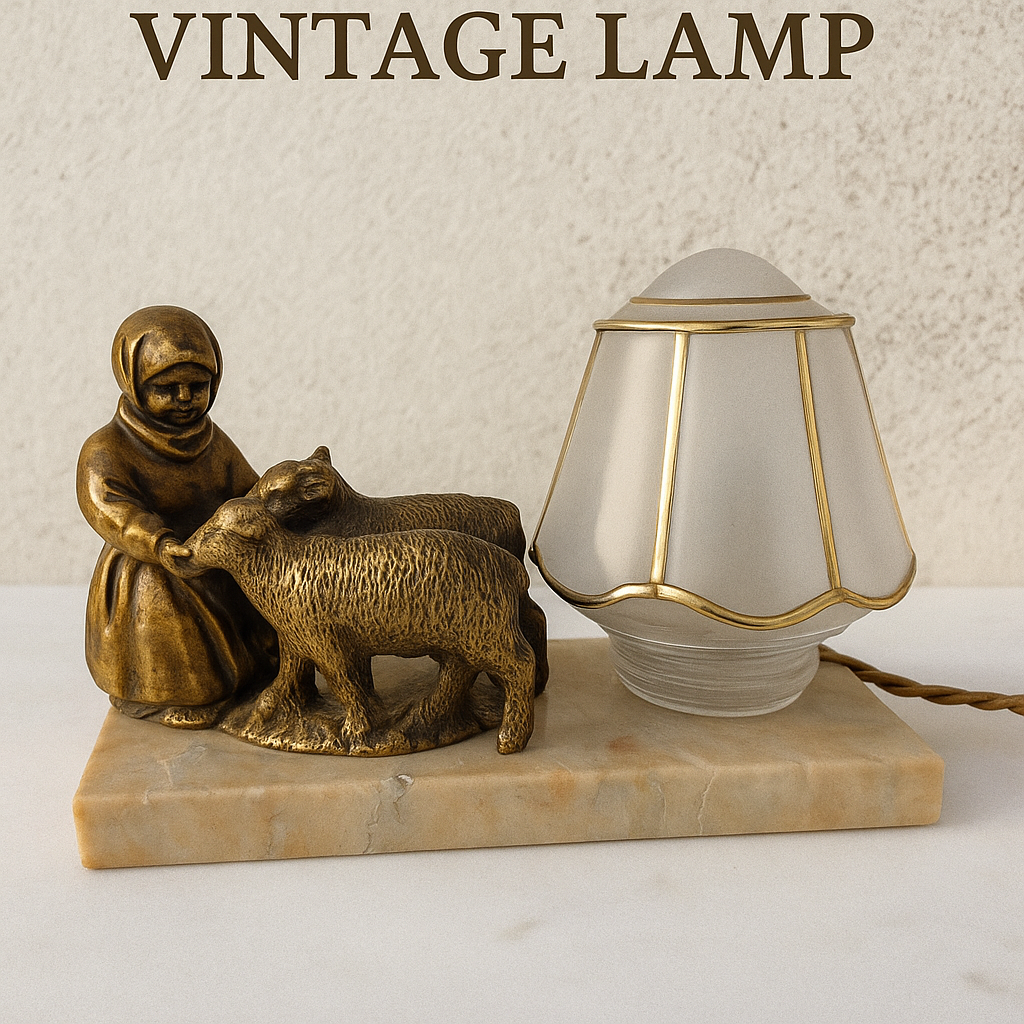 Vintage French Bronze Lamp with Girl and Sheep - Art Deco Style