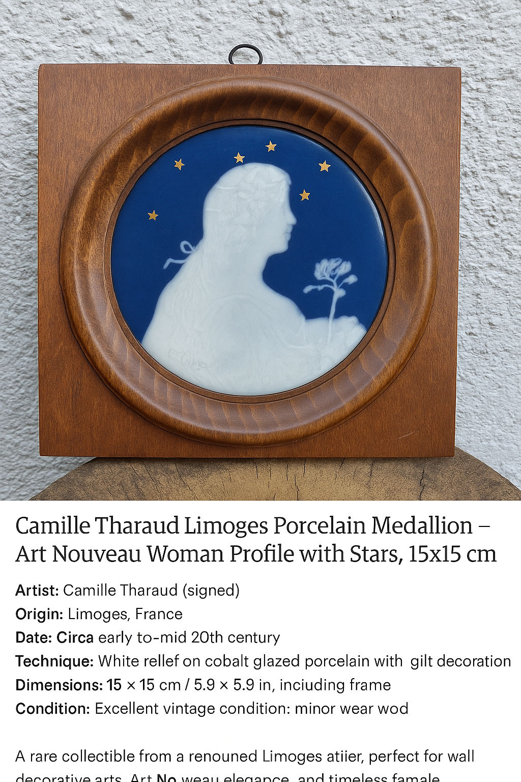 Camille Tharaud Limoges Porcelain Medallion – Art Nouveau Woman Profile, 15x15 cm