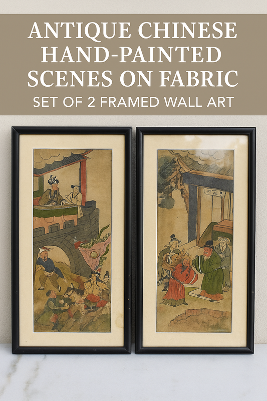 Antique Chinese Hand-Painted Scenes on Fabric – Set of 2 Framed Wall Art – Early 20th Century