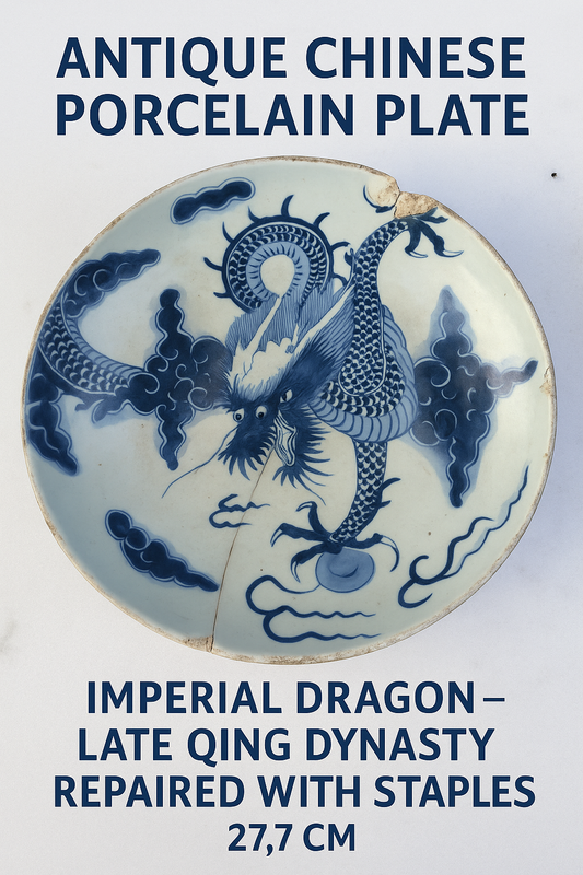 Antique Chinese Porcelain Plate – Imperial Dragon – Late Qing Dynasty – Repaired with Staples – 27.7 cm