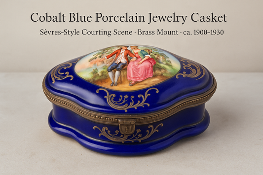 Cobalt Blue Porcelain Jewelry Casket – Sèvres-Style Courting Scene – Brass Mount – ca. 1900–1930