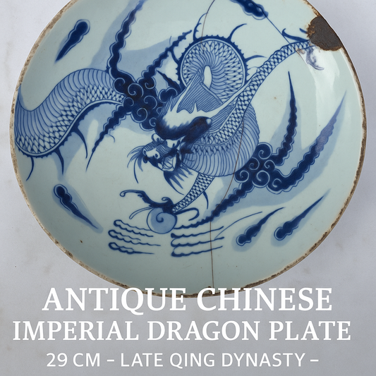 Antique Chinese Imperial Dragon Plate – 29 cm – Late Qing Dynasty – Blue and White Porcelain – Staple-Repaired