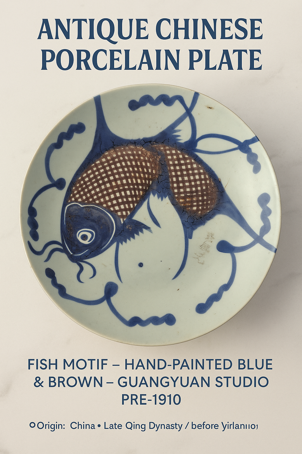 Antique Chinese Porcelain Plate – Fish Motif – Hand-Painted Blue & Brown – Guangyuan Studio – Pre-1910 – 21.5 cm