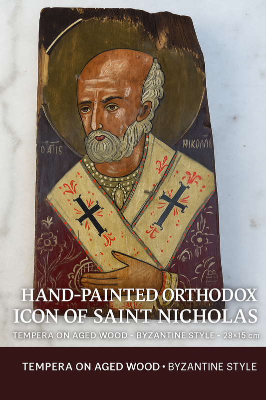 Hand-Painted Orthodox Icon of Saint Nicholas – Tempera on Aged Wood – Byzantine Style – 28×15 cm