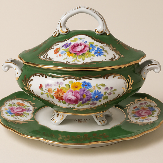 Hand-Painted French Porcelain Tureen with Platter – Green & Floral Gilded – Vintage France