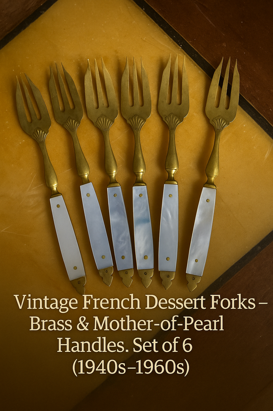 Vintage French Dessert Forks – Brass & Mother-of-Pearl Handles, Set of 6 (1940s–1960s)