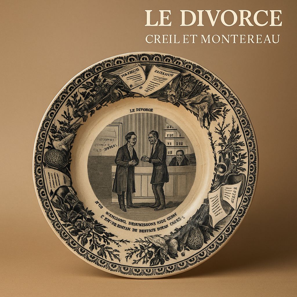 Antique French Creil & Montereau Plate – Satirical Series 'Le Divorce' No.3 – Black Transferware – 19th Century