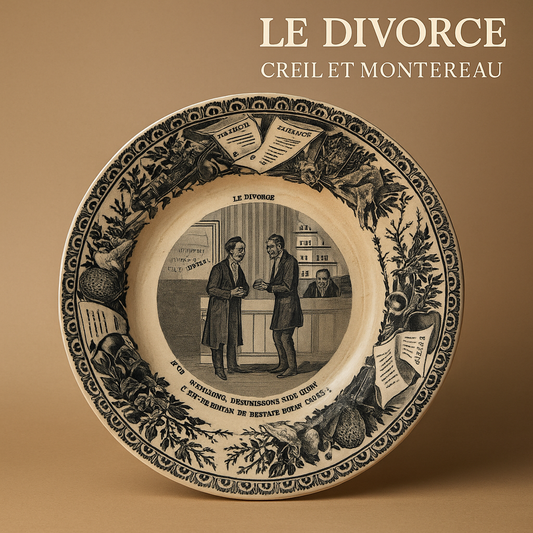 Antique French Creil & Montereau Plate – Satirical Series 'Le Divorce' No.3 – Black Transferware – 19th Century