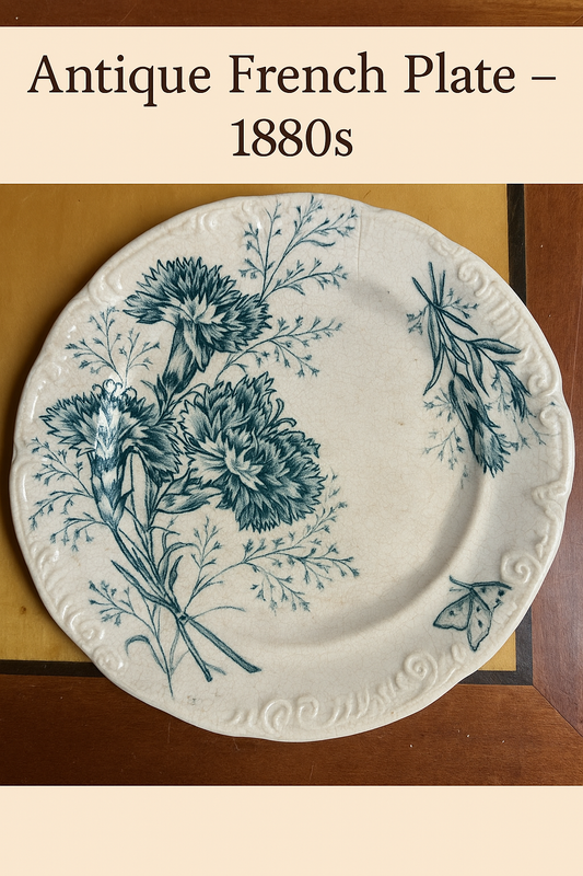 Antique French Faience Plate – Blue Carnation Floral Transferware with Butterfly – 1880s