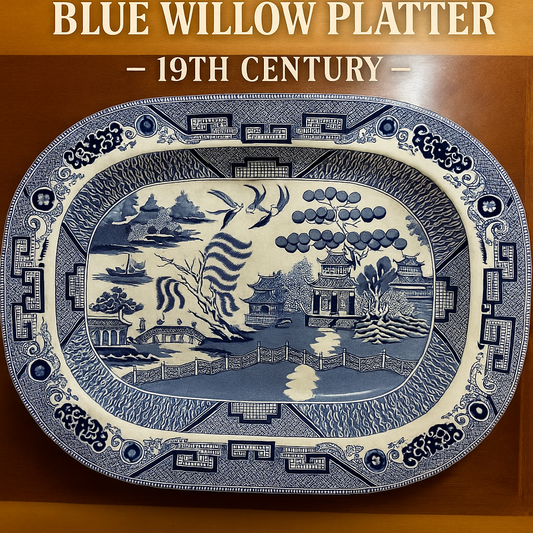 Large Antique Staffordshire Blue Willow Platter – 19th Century English Transferware – 45×35 cm
