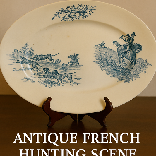 Antique French Blue Hunting Scene Platter – 19th Century Oval Faience Transferware