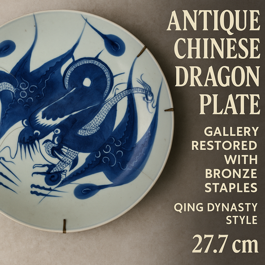 Antique Chinese Dragon Plate – Gallery Restored with Bronze Staples – Qing Dynasty Style – 27.7 cm