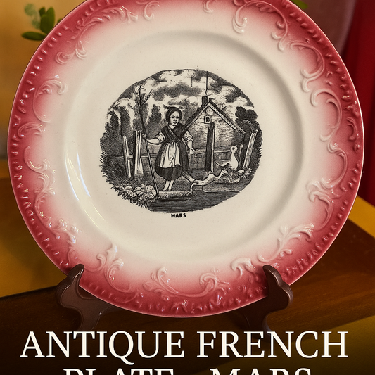 Antique French Plate “Mars” – Pexonne F – Mid-19th Century Faience with Red Transferware Border
