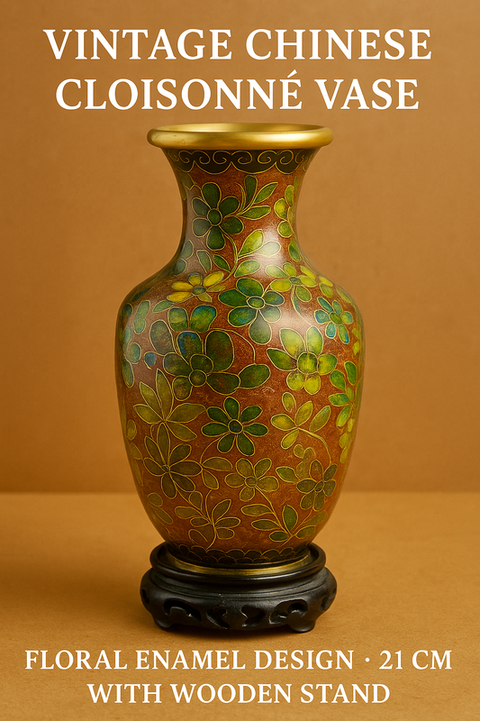 Vintage Chinese Cloisonné Vase – Floral Enamel Design – 21 cm – Gilded Rim – with Wooden Stand