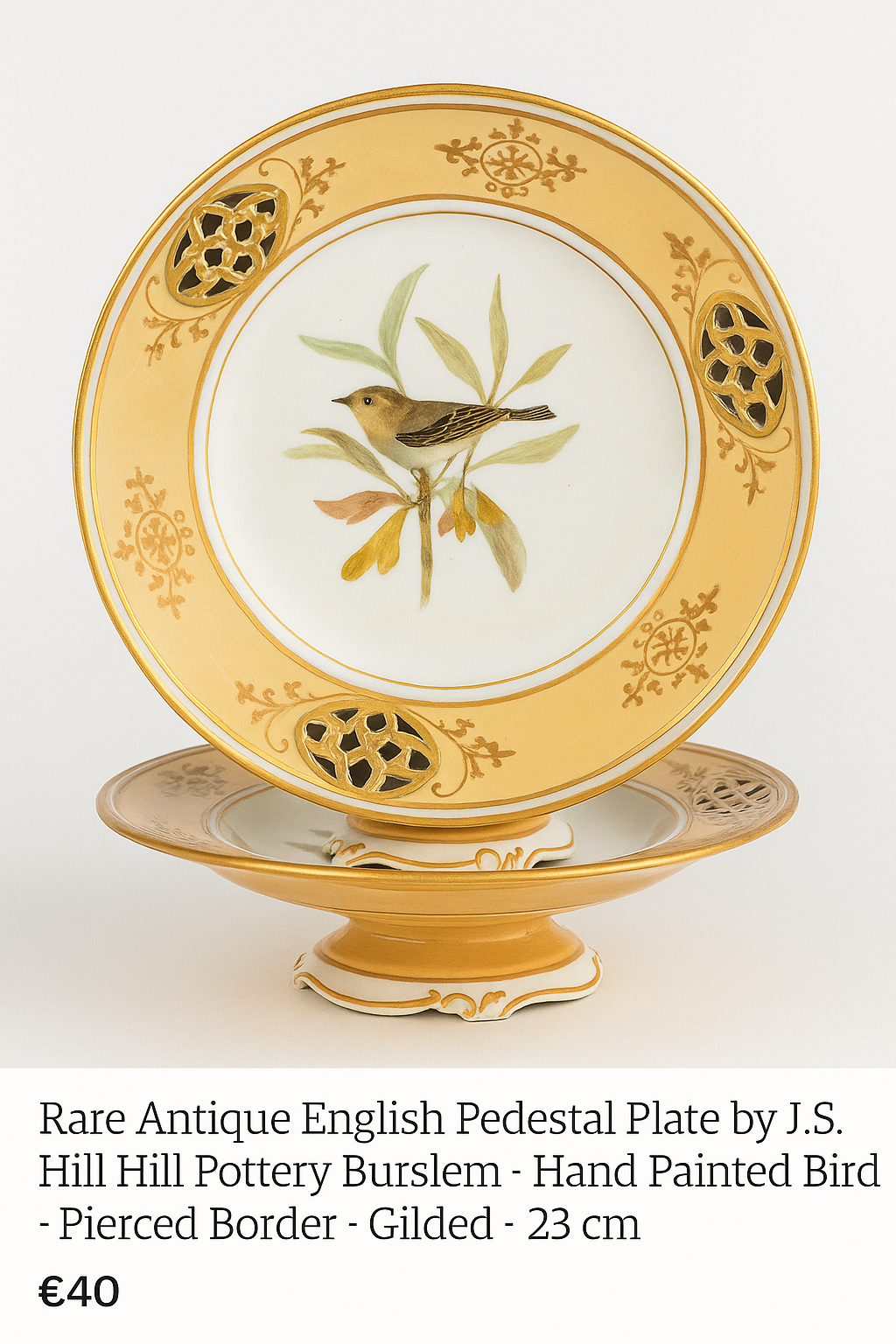 Rare Antique English Pedestal Plate by J.S.Hill Hill Pottery Burslem - Hand Painted Bird - Pierced Border - Gilded - 23 cm