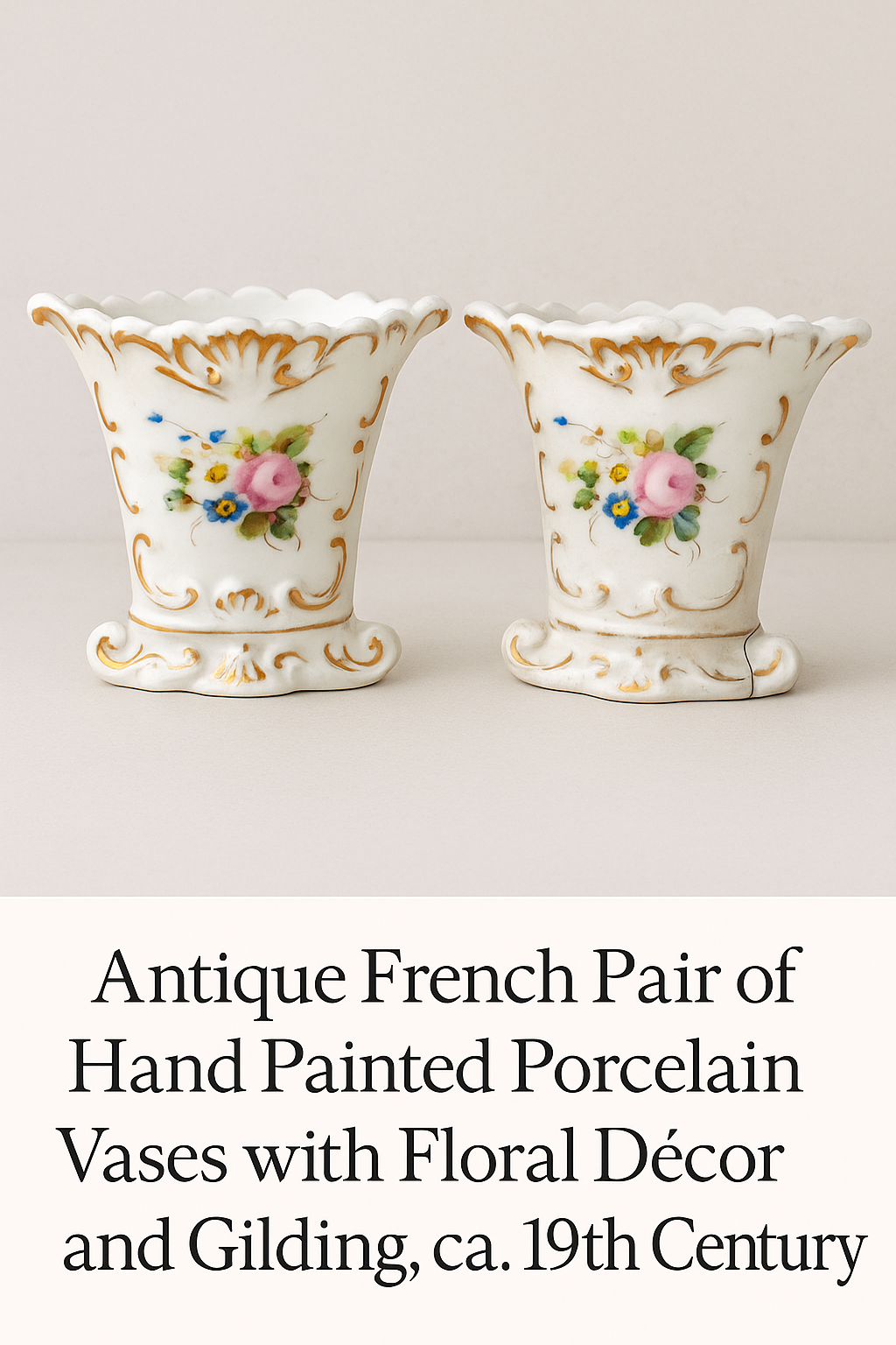 Antique French Pair of Small Porcelain Vases - Hand Painted Flowers - Pre-1900