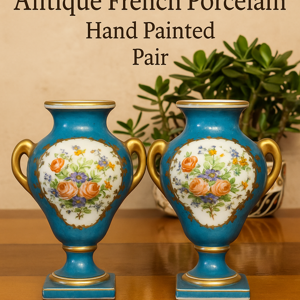 Antique French Hand-Painted Porcelain Vases – Pair – Floral & Gilt – Turquoise Blue – 19th Century