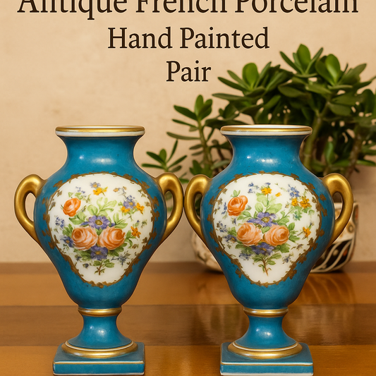 Antique French Hand-Painted Porcelain Vases – Pair – Floral & Gilt – Turquoise Blue – 19th Century