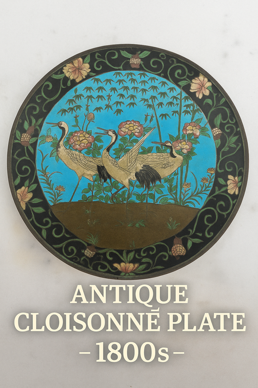 Rare Antique Chinese Cloisonné Plate – Cranes & Peonies – 1800s – Qing Dynasty