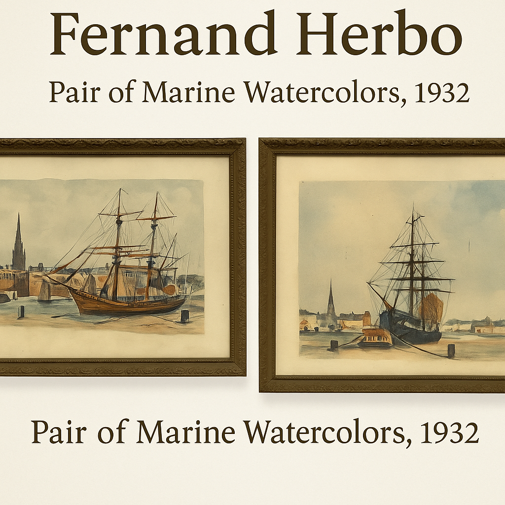 Pair of Antique French Watercolors by Fernand Herbo (1905–1995), Saint-Malo & Honfleur, 1932 – Original Marine Paintings