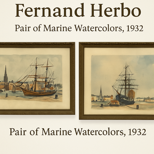 Pair of Antique French Watercolors by Fernand Herbo (1905–1995), Saint-Malo & Honfleur, 1932 – Original Marine Paintings