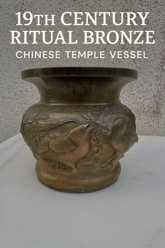 Rare 19th Century Chinese Bronze Ritual Vessel – Temple Base with Birds and Blossoms – 21 cm