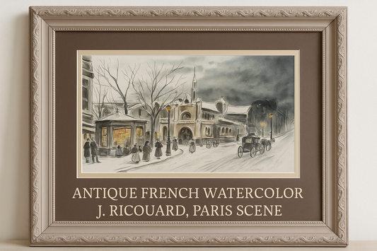 Antique French Watercolor by J. Ricouard, Paris Street Scene, c.1920s–1930s – Framed Original Painting