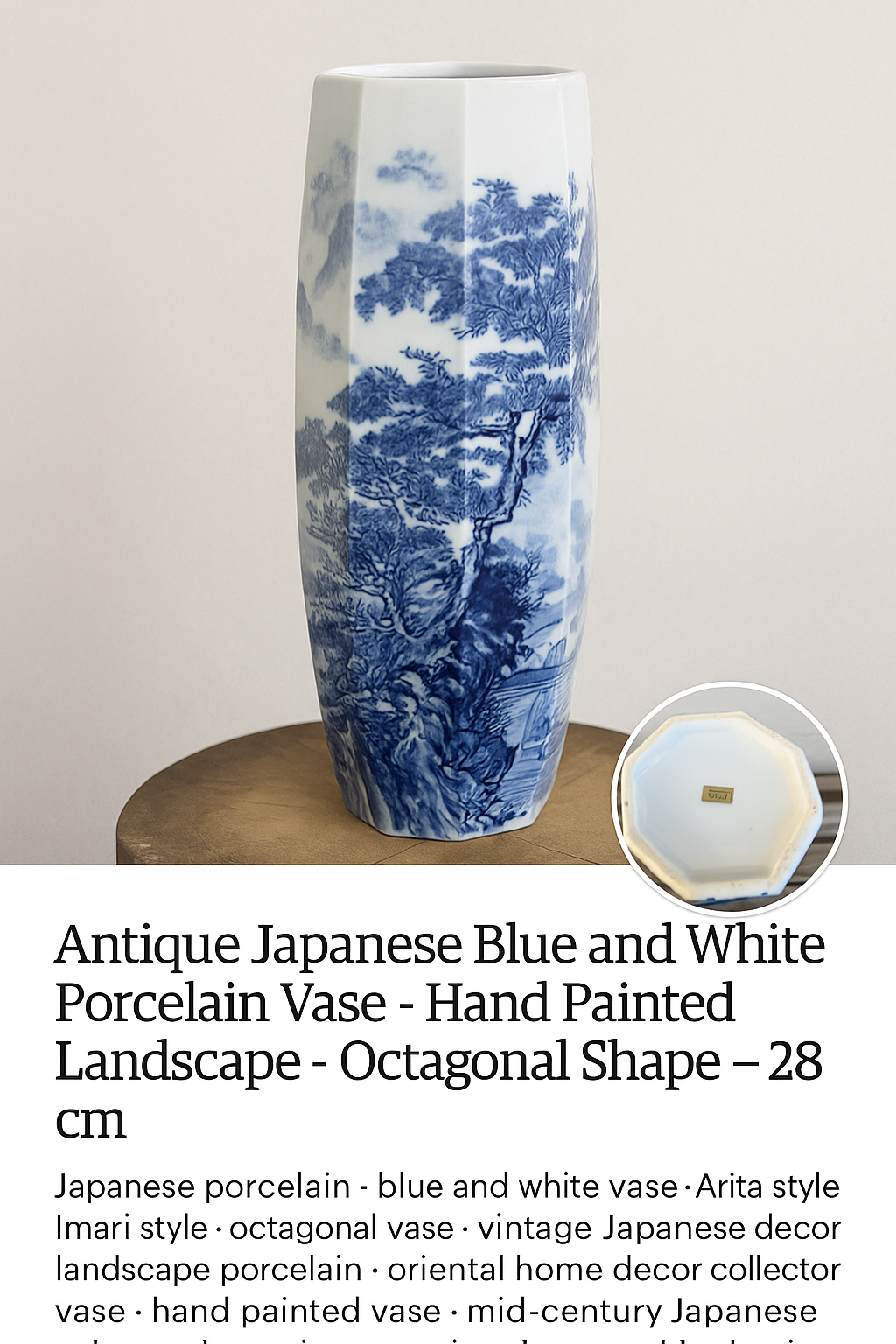 Antique Japanese Hexagonal Porcelain Vase - Blue and White Landscape Scene