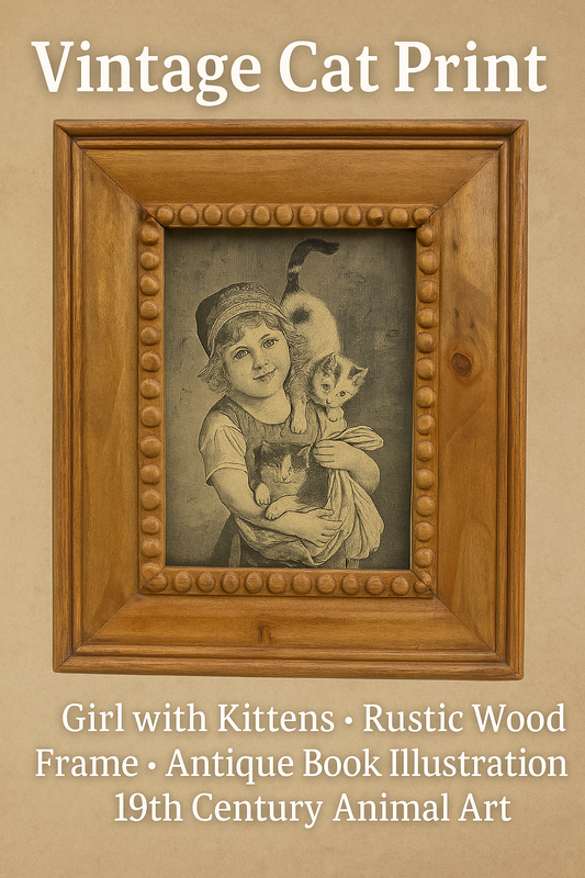 Vintage Cat Print – Girl with Kittens – Rustic Wood Frame – Antique Book Illustration – 19th Century Animal Art