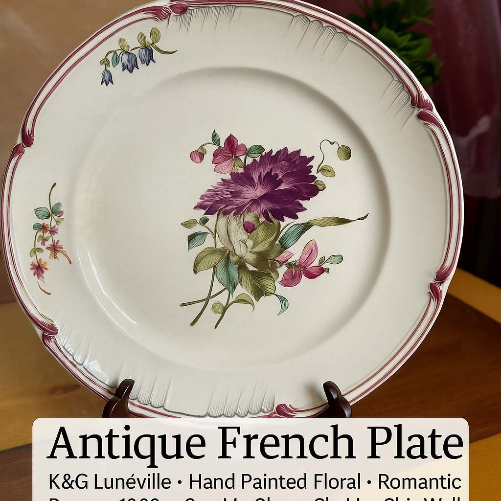 Antique French Plate – K&G Lunéville – Hand Painted Floral – Romantic Decor – 1890s – Crackle Glaze – Shabby Chic Wall Plate