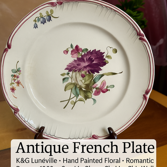 Antique French Plate – K&G Lunéville – Hand Painted Floral – Romantic Decor – 1890s – Crackle Glaze – Shabby Chic Wall Plate