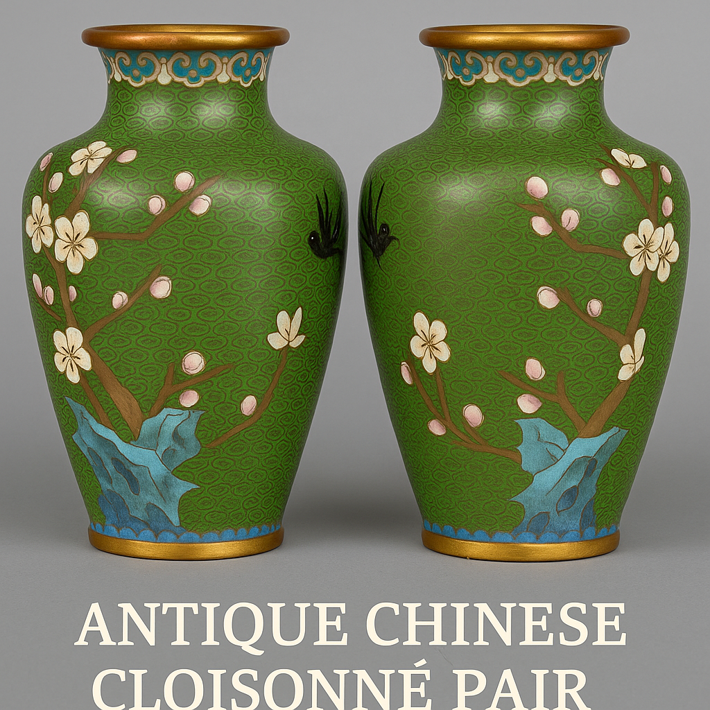 Antique Chinese Cloisonné Vase – Early 20th Century – Green Enamel with Blossoms & Birds – 20 cm