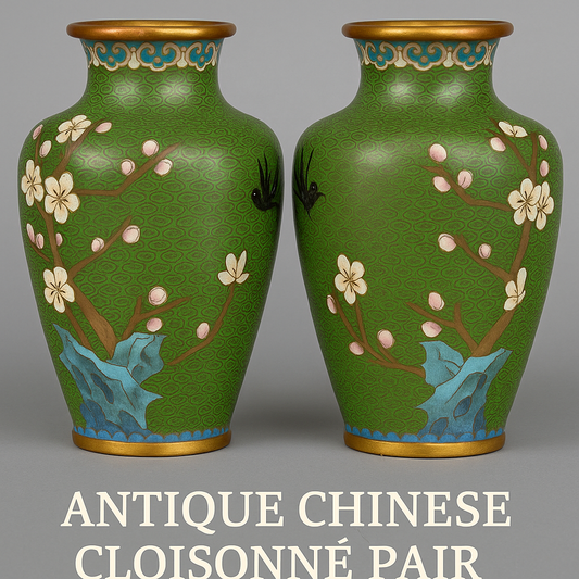 Antique Chinese Cloisonné Vase – Early 20th Century – Green Enamel with Blossoms & Birds – 20 cm