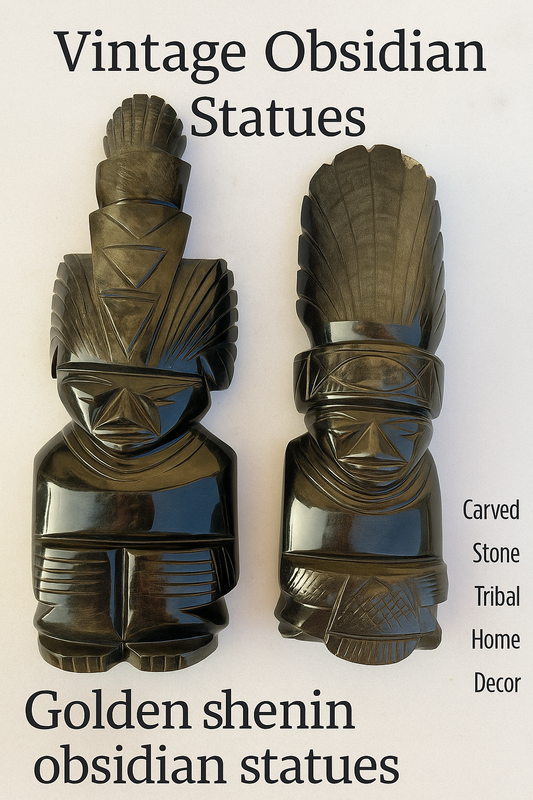 Golden Obsidian Tribal Sculptures - Set of 2 - Hand-Carved Mexican Obsidian Art - 29 cm Tall