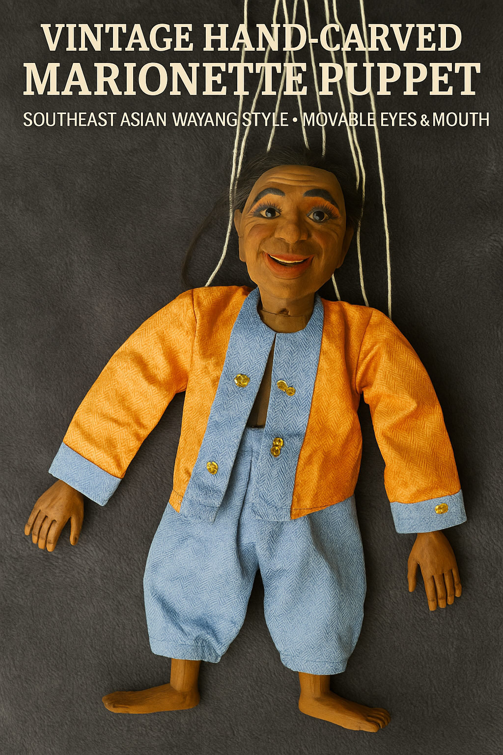 Vintage Hand-Carved Marionette Puppet – Southeast Asian Wayang Style – Movable Eyes & Mouth