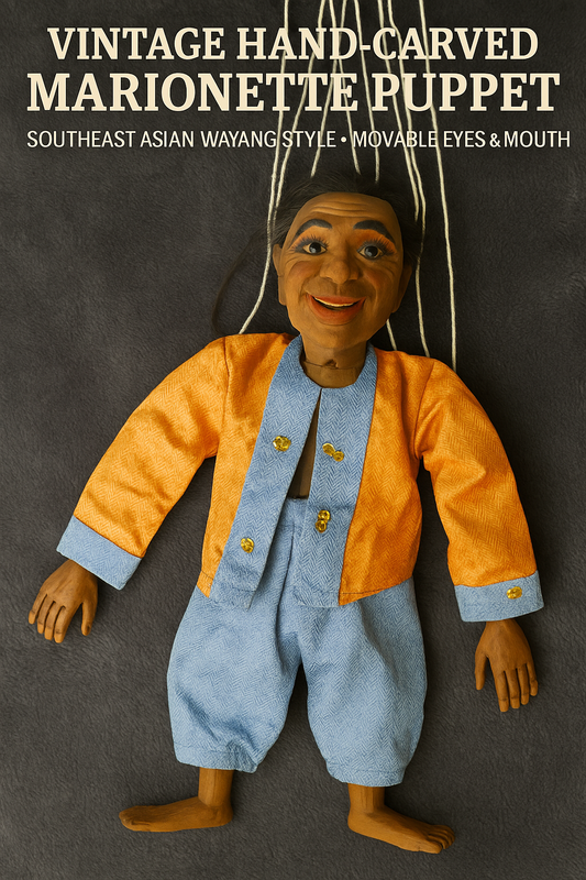 Vintage Hand-Carved Marionette Puppet – Southeast Asian Wayang Style – Movable Eyes & Mouth