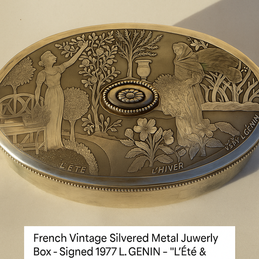 Antique French Silvered Metal Box by L. Genin 1977 - Summer & Winter Engraving - 20x13 cm