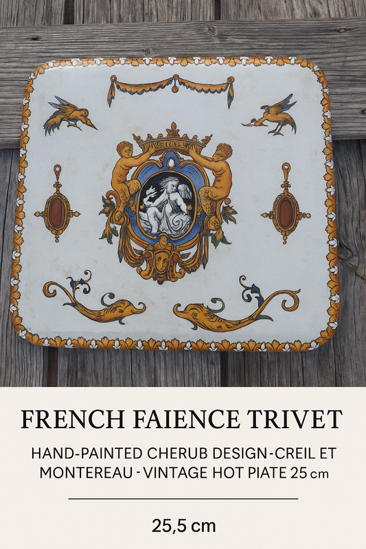 French Vintage Faience Trivet - Hand-Painted Square Ceramic Hot Plate 25.5 cm